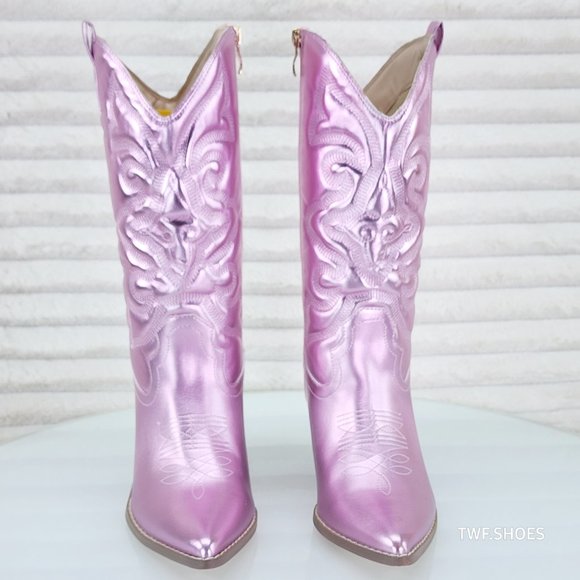 Electric Mid Calf Cowboy Baby Pink Brush Metallic Matte Western Cowgirl Boots - Picture 9 of 13